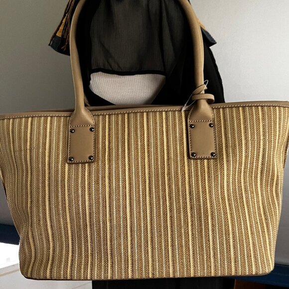 ETIENNE AIGNER NATURAL & TAN STRIPES CANVAS, GREY LEATHER SHOULDER TOTE BAG - Picture 8 of 8